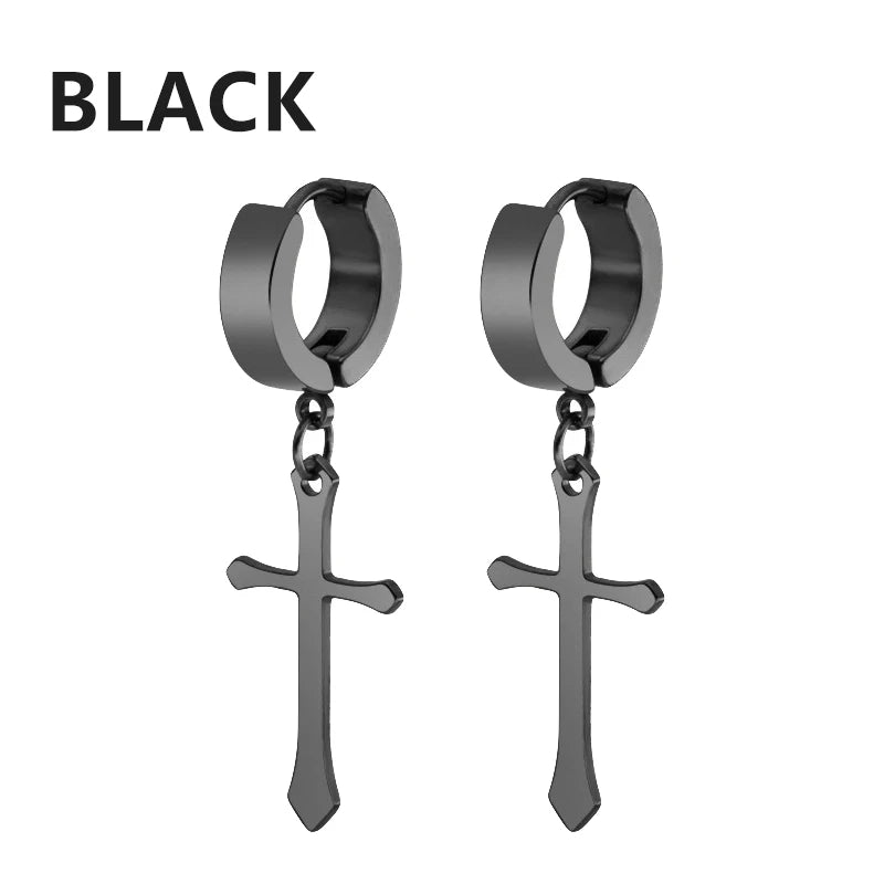 2pc Stainless Steel Men Cross Stars Punk Dangle Earrings Gothic Woman Cross Ear Hoop Earrings Huggies Pendant Piercing Jewelry