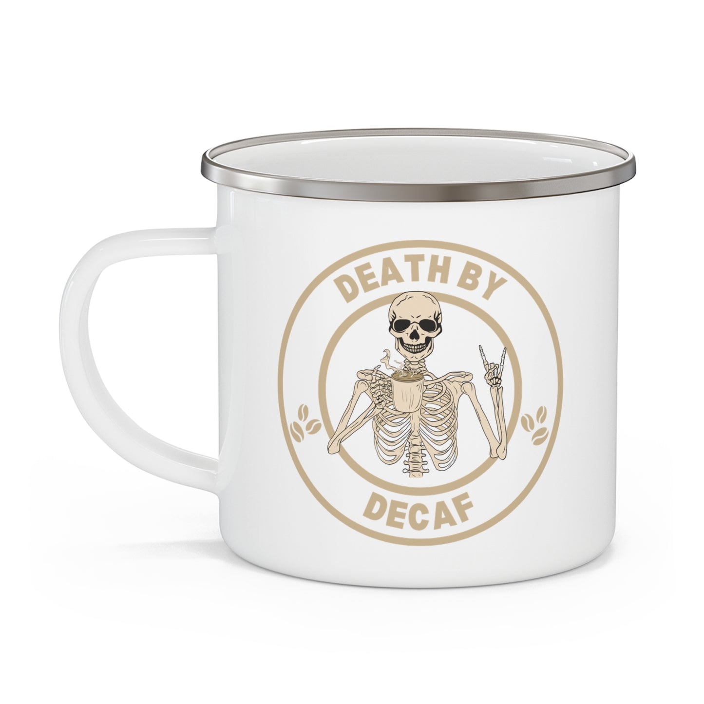 Death By Decaf Enamel Camping Mug - Perfect for Coffee Lovers, Outdoor Adventures, and Halloween Celebrations