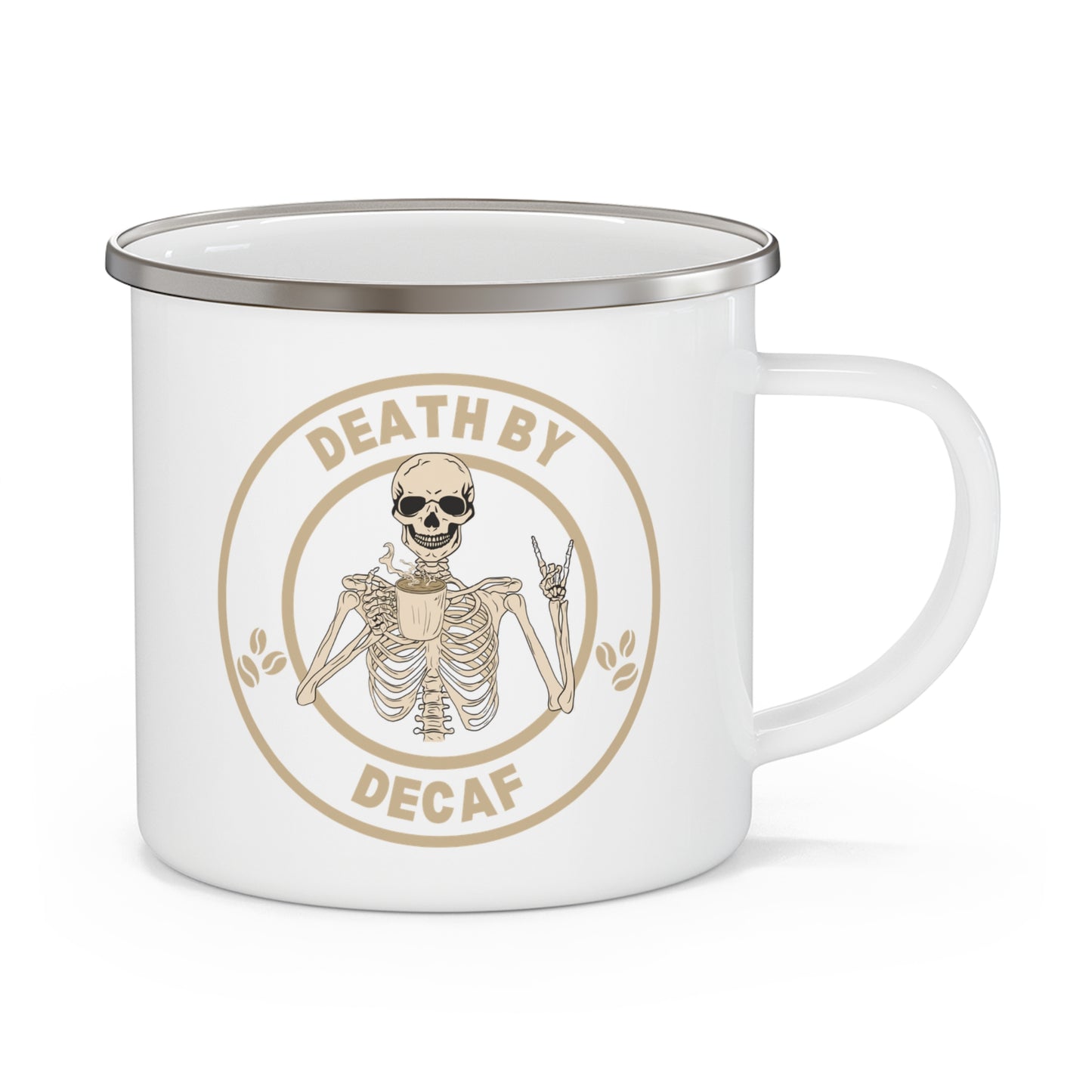 Death By Decaf Enamel Camping Mug - Perfect for Coffee Lovers, Outdoor Adventures, and Halloween Celebrations