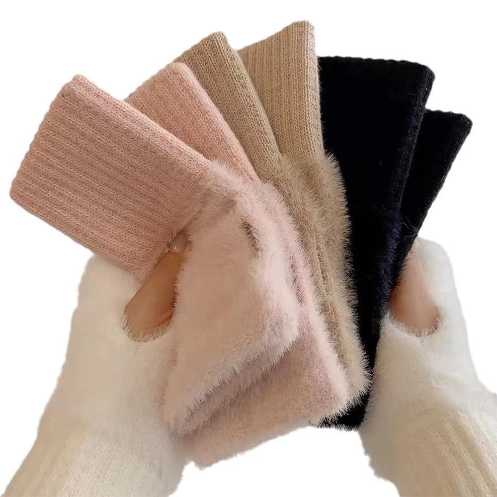 1 Pair Winter Women's Warm Gloves, Half Cut Open Finger Knitted Gloves, Cute and Versatile, Suitable For Outdoor Cycling