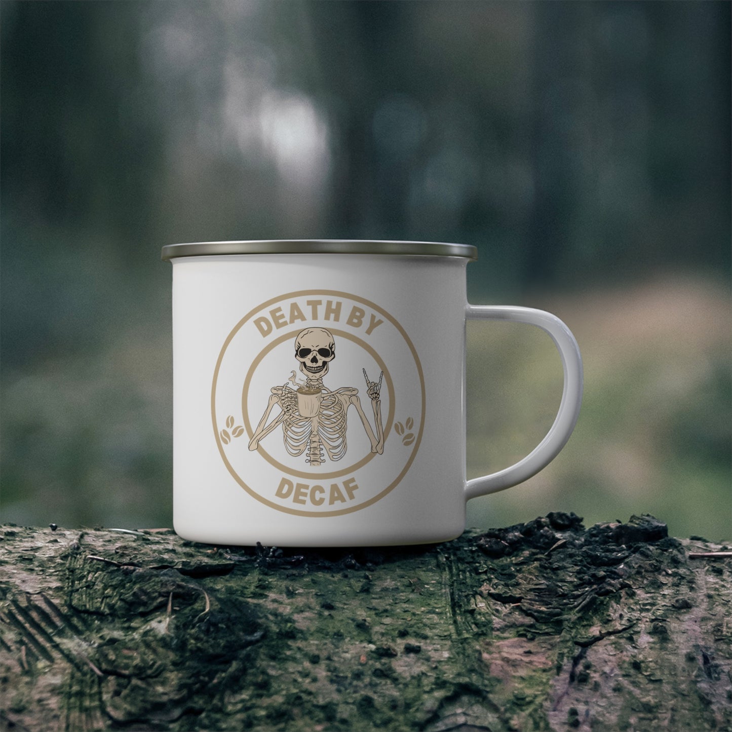 Death By Decaf Enamel Camping Mug - Perfect for Coffee Lovers, Outdoor Adventures, and Halloween Celebrations