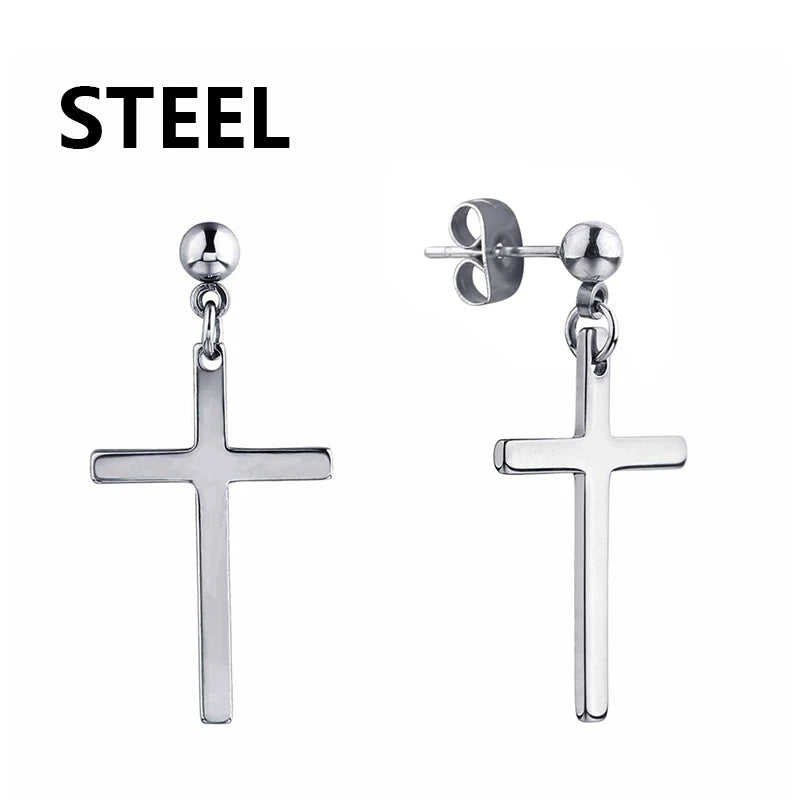 2pc Stainless Steel Men Cross Stars Punk Dangle Earrings Gothic Woman Cross Ear Hoop Earrings Huggies Pendant Piercing Jewelry