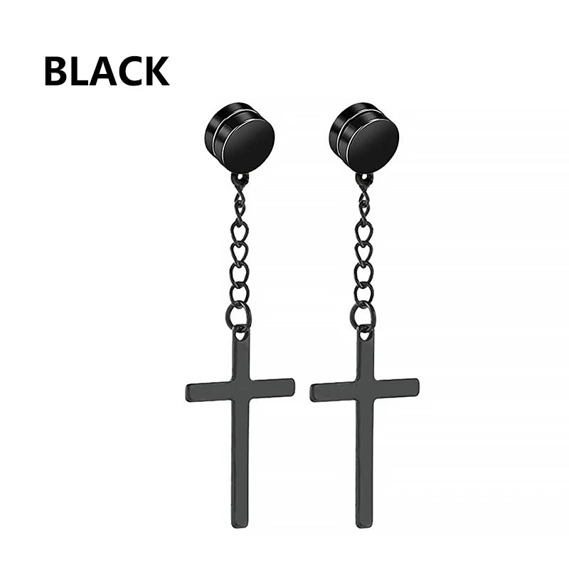 2pc Stainless Steel Men Cross Stars Punk Dangle Earrings Gothic Woman Cross Ear Hoop Earrings Huggies Pendant Piercing Jewelry