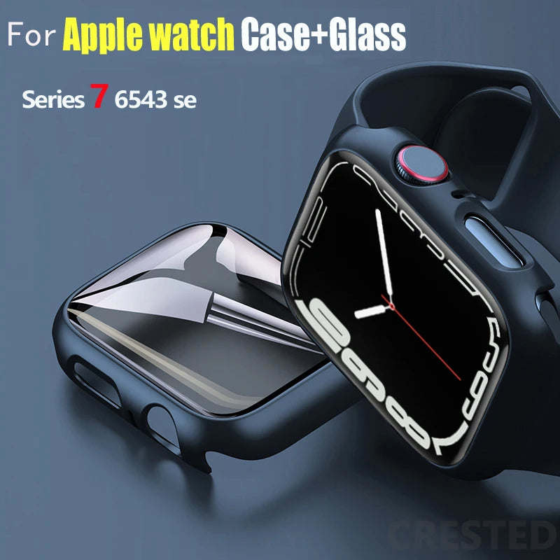 Glass+Cover For Apple Watch case 44mm 40mm 45mm 41mm 42mm 38mm iWatch 8 3 7 SE Screen Protector Apple watch series 9 Accessories