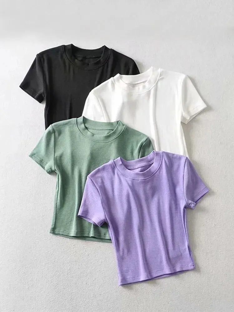 Women's Short Sleeve Crop Top Solid Slim Fit Crew Neck Tee Basic Skinny Ribbed Tight Athletic Casual Workout Yoga Tshirt