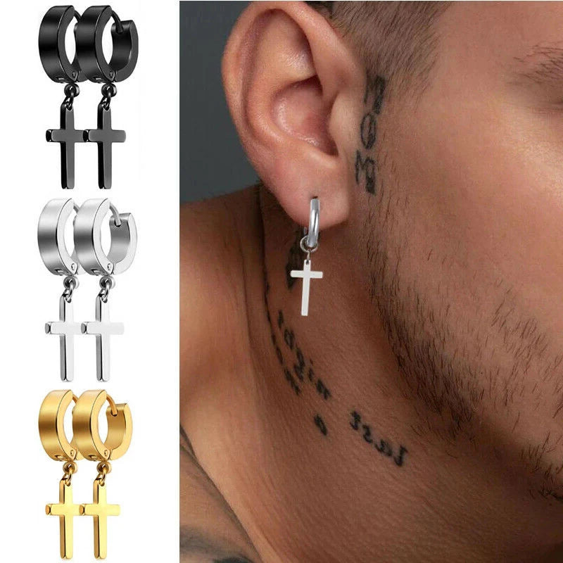 2pc Stainless Steel Men Cross Stars Punk Dangle Earrings Gothic Woman Cross Ear Hoop Earrings Huggies Pendant Piercing Jewelry