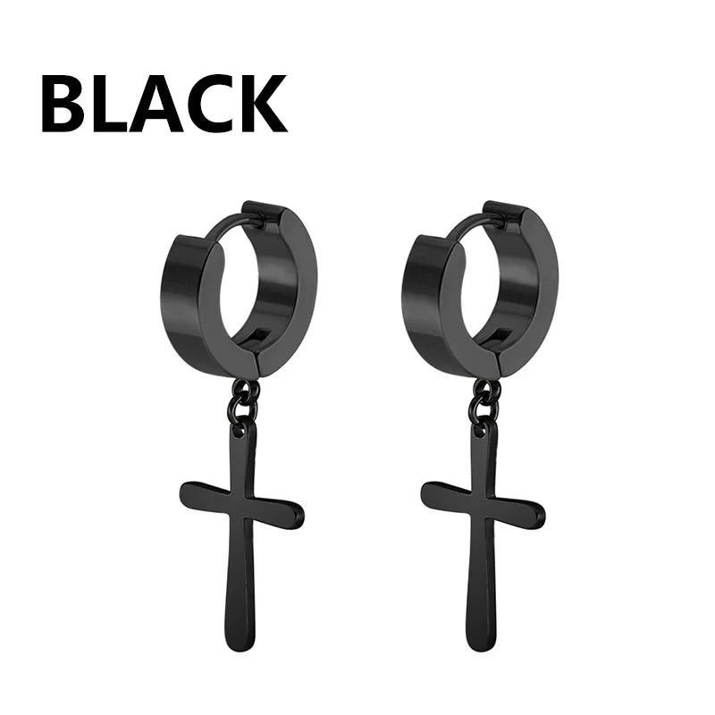 2pc Stainless Steel Men Cross Stars Punk Dangle Earrings Gothic Woman Cross Ear Hoop Earrings Huggies Pendant Piercing Jewelry