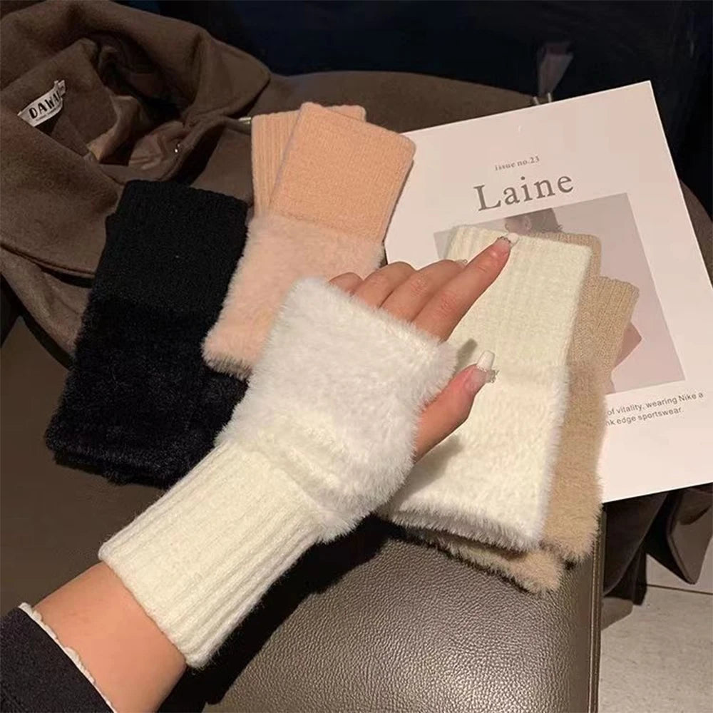 1 Pair Winter Women's Warm Gloves, Half Cut Open Finger Knitted Gloves, Cute and Versatile, Suitable For Outdoor Cycling